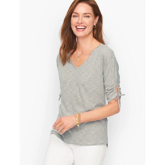 Talbots Slubbed Knit Top Shirt Cotton Modal Tie Detail White 3XP Petite Classic - Picture 3 of 11